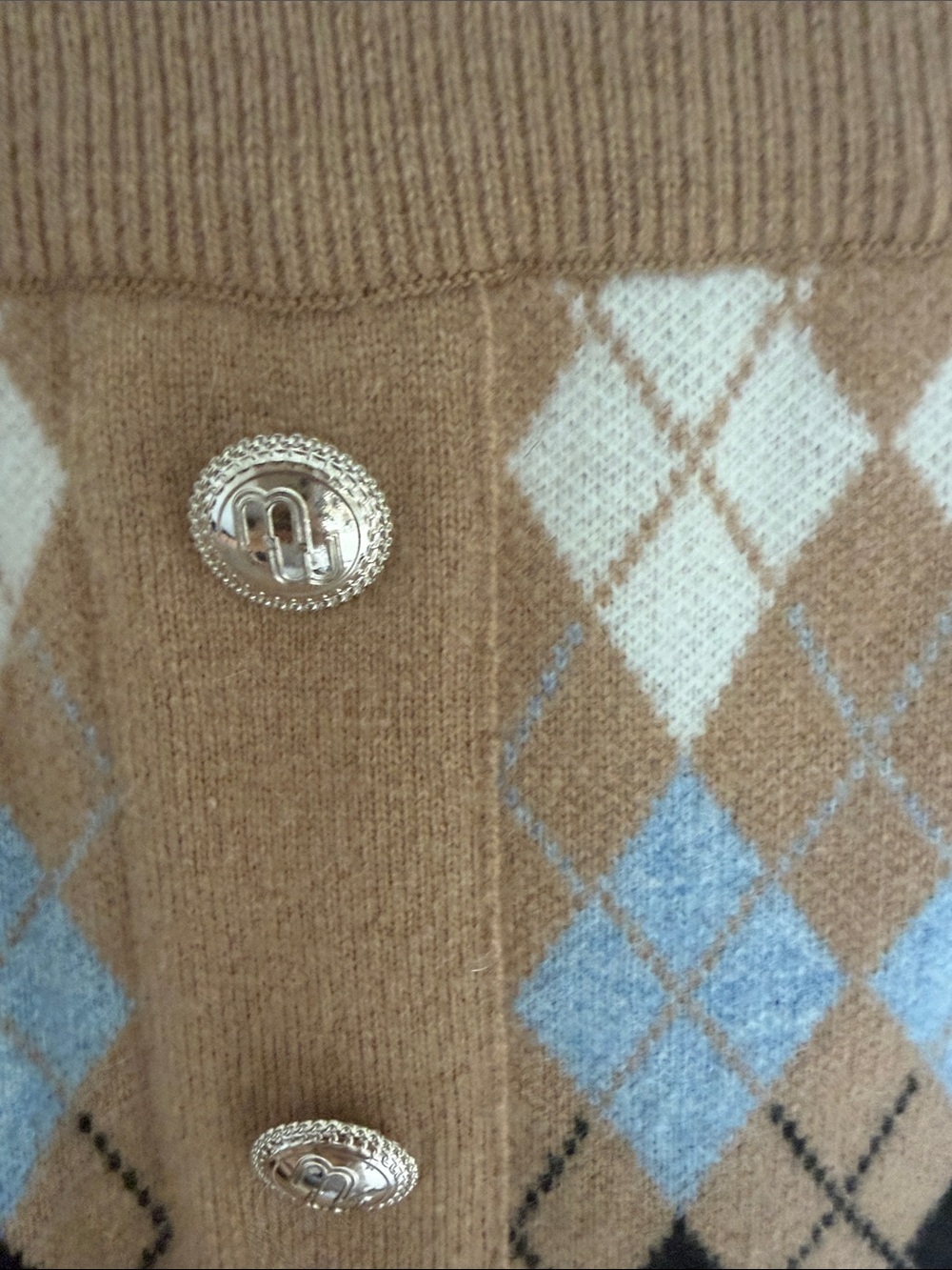 Maje Camel, Light Blue & Black Argyle Button-Front Knit Skirt - Picture 3 of 4